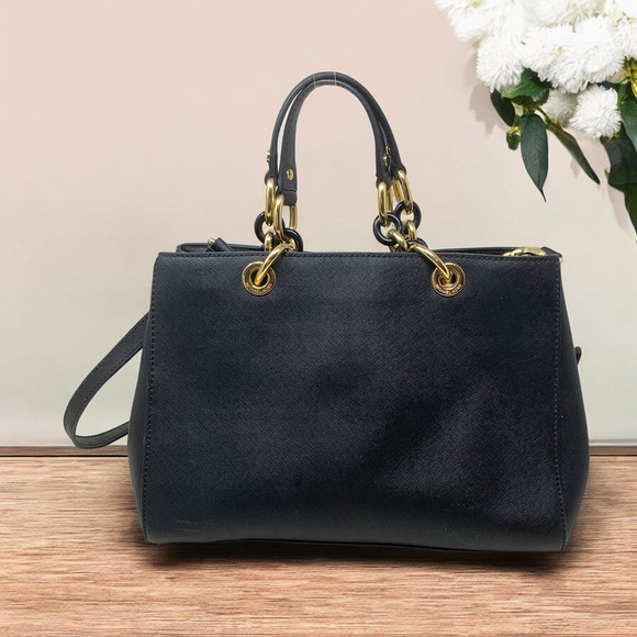 Michael Kors Cynthia Black Saffiano Leather Chain Handle Satchel Purse Bag - Picture 5 of 11